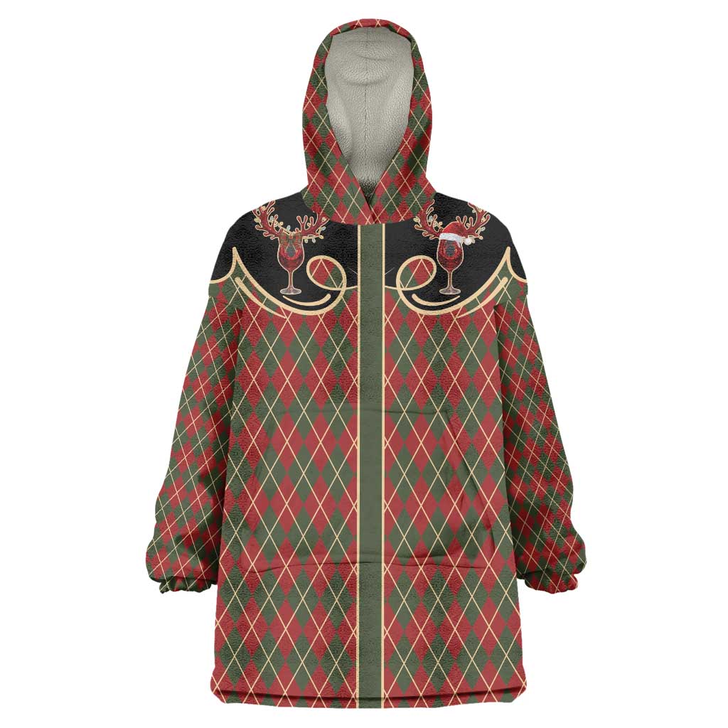 Western Yoke Wearable Blanket Hoodie Wine Deer Christmas Argyle Patterns - Wonder Print Shop