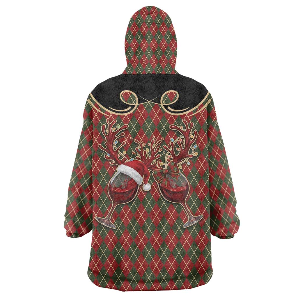 Western Yoke Wearable Blanket Hoodie Wine Deer Christmas Argyle Patterns - Wonder Print Shop