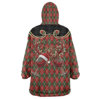 Western Yoke Wearable Blanket Hoodie Wine Deer Christmas Argyle Patterns - Wonder Print Shop