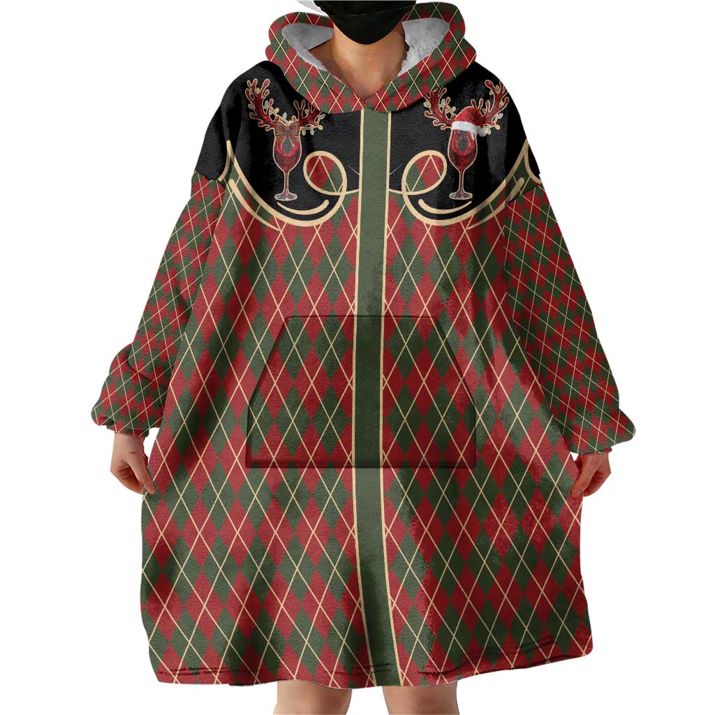 Western Yoke Wearable Blanket Hoodie Wine Deer Christmas Argyle Patterns - Wonder Print Shop