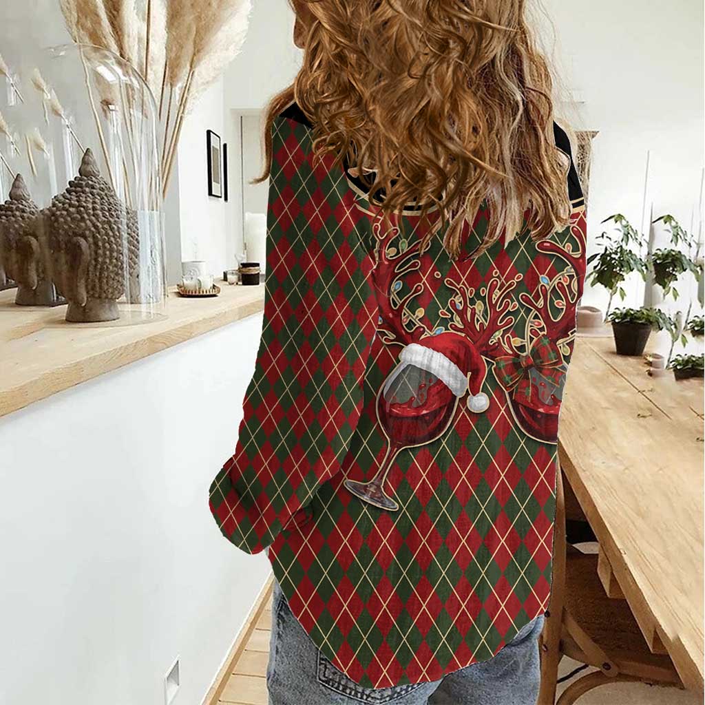 Western Yoke Women Casual Shirt Wine Deer Christmas Argyle Patterns - Wonder Print Shop