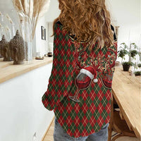 Western Yoke Women Casual Shirt Wine Deer Christmas Argyle Patterns - Wonder Print Shop
