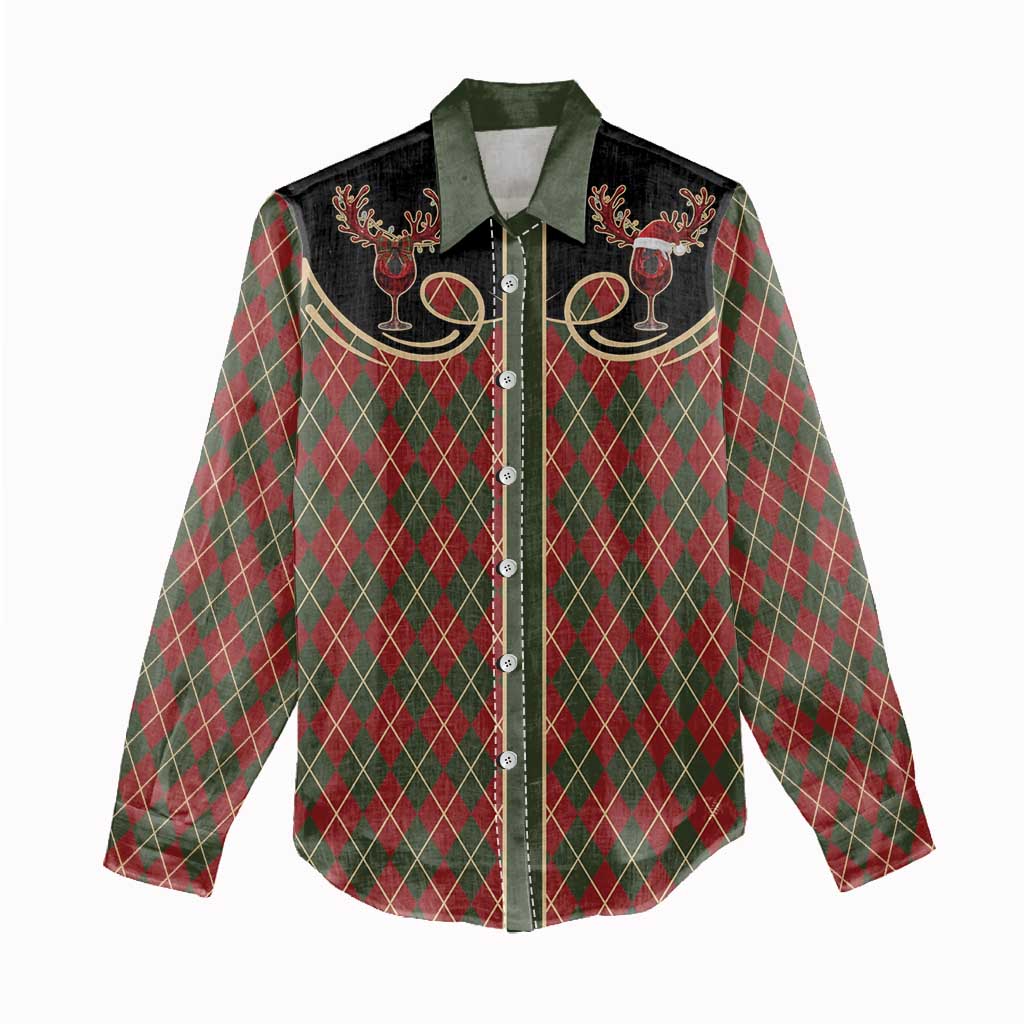 Western Yoke Women Casual Shirt Wine Deer Christmas Argyle Patterns - Wonder Print Shop