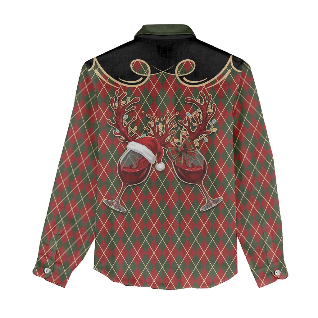 Western Yoke Women Casual Shirt Wine Deer Christmas Argyle Patterns - Wonder Print Shop