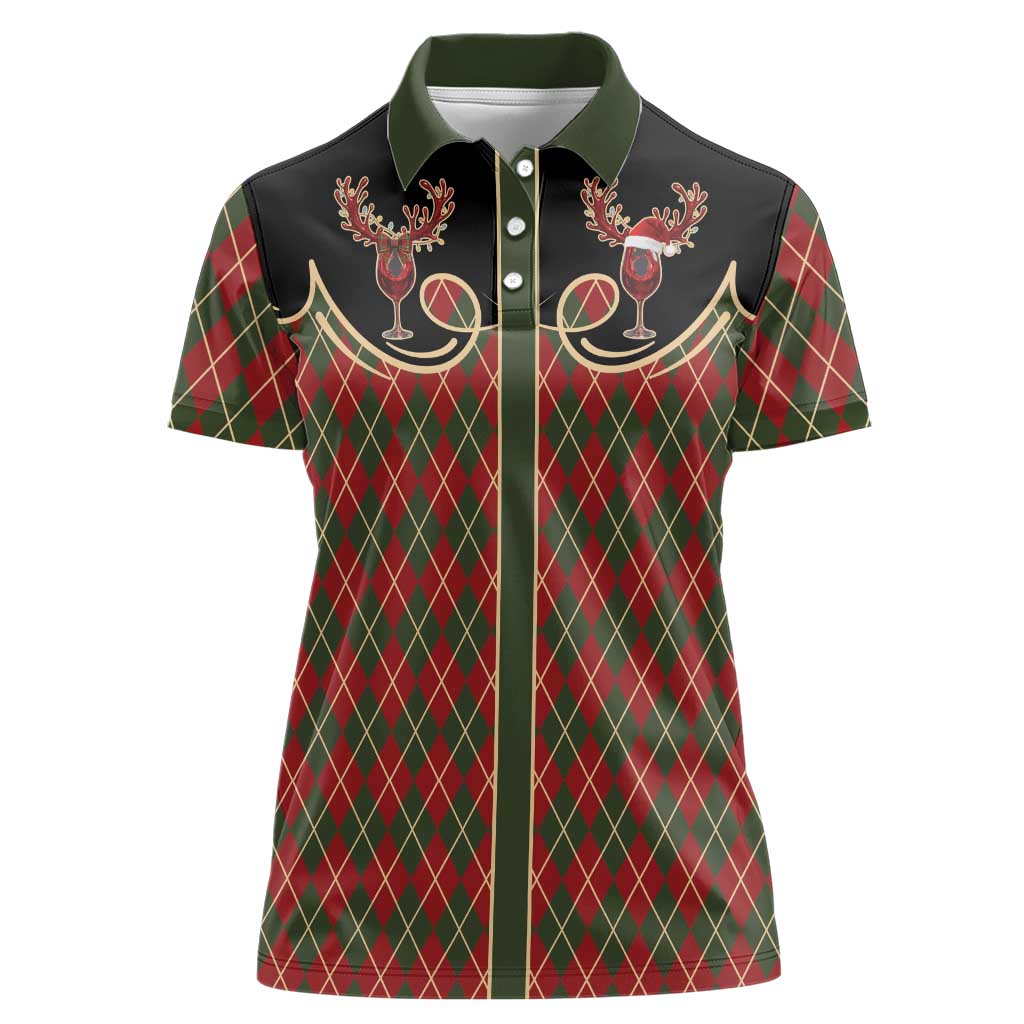 Western Yoke Women Polo Shirt Wine Deer Christmas Argyle Patterns - Wonder Print Shop
