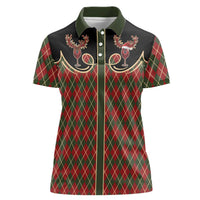 Western Yoke Women Polo Shirt Wine Deer Christmas Argyle Patterns - Wonder Print Shop