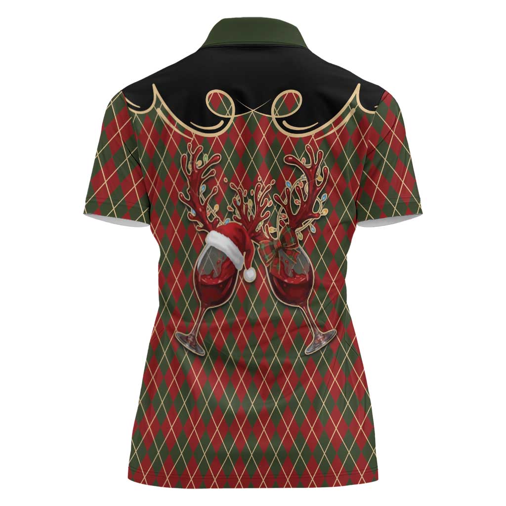 Western Yoke Women Polo Shirt Wine Deer Christmas Argyle Patterns - Wonder Print Shop