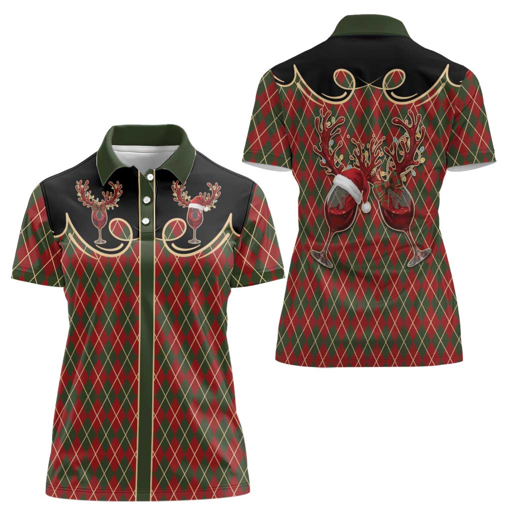 Western Yoke Women Polo Shirt Wine Deer Christmas Argyle Patterns - Wonder Print Shop