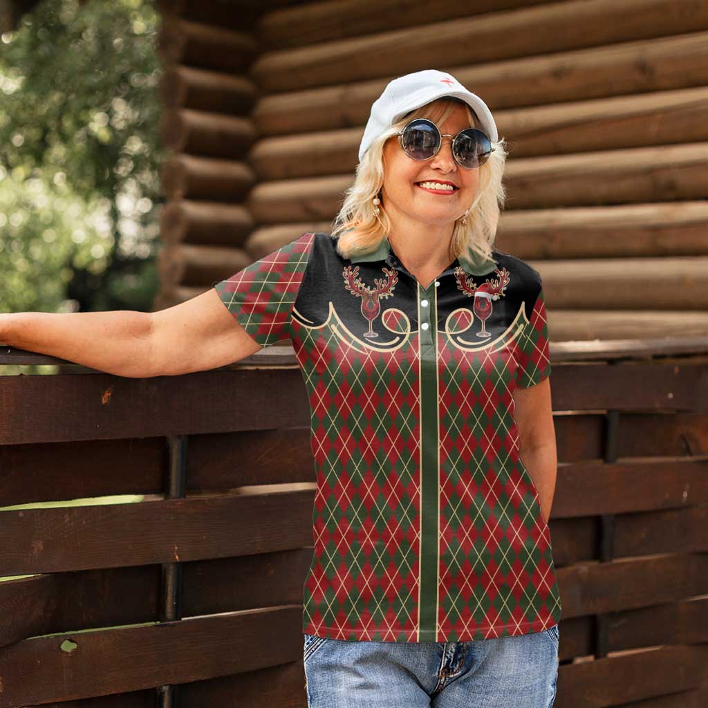 Western Yoke Women Polo Shirt Wine Deer Christmas Argyle Patterns - Wonder Print Shop