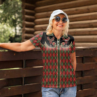 Western Yoke Women Polo Shirt Wine Deer Christmas Argyle Patterns - Wonder Print Shop