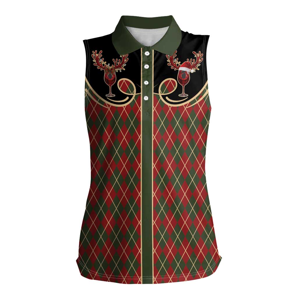 Western Yoke Women Sleeveless Polo Shirt Wine Deer Christmas Argyle Patterns - Wonder Print Shop