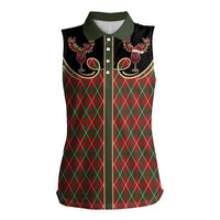 Western Yoke Women Sleeveless Polo Shirt Wine Deer Christmas Argyle Patterns - Wonder Print Shop