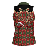 Western Yoke Women Sleeveless Polo Shirt Wine Deer Christmas Argyle Patterns - Wonder Print Shop