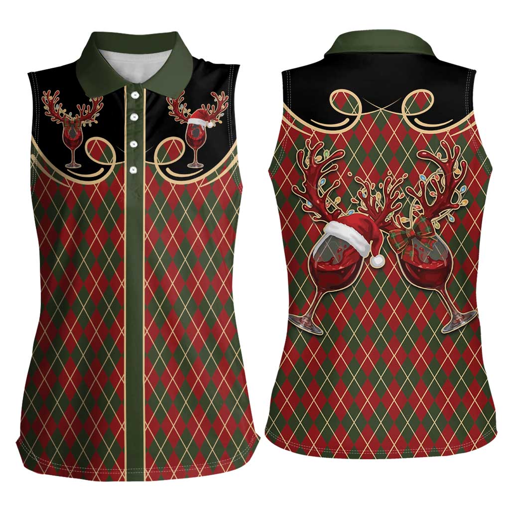Western Yoke Women Sleeveless Polo Shirt Wine Deer Christmas Argyle Patterns - Wonder Print Shop