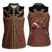 Western Yoke Women Sleeveless Polo Shirt Wine Deer Christmas Argyle Patterns - Wonder Print Shop