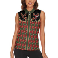 Western Yoke Women Sleeveless Polo Shirt Wine Deer Christmas Argyle Patterns - Wonder Print Shop