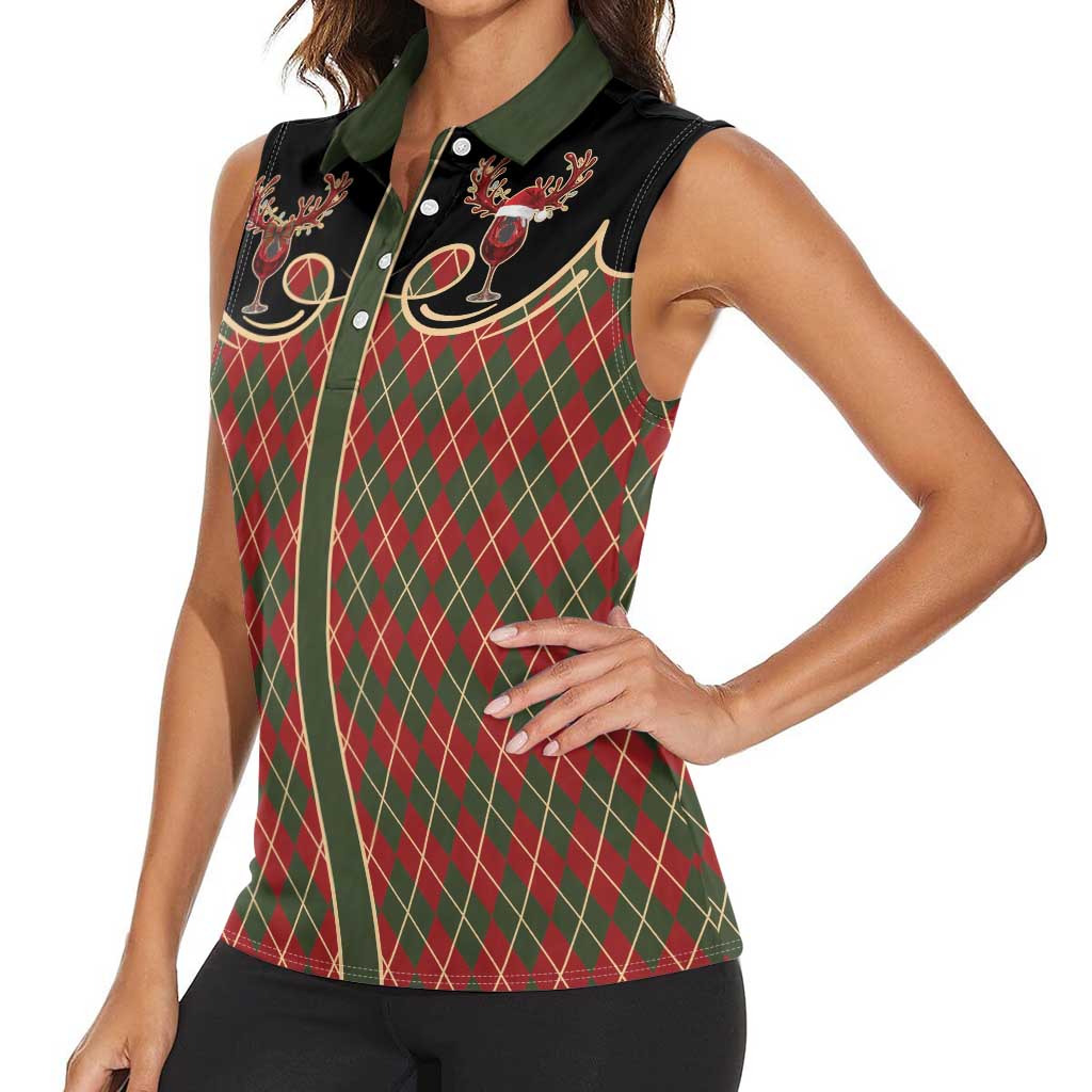 Western Yoke Women Sleeveless Polo Shirt Wine Deer Christmas Argyle Patterns - Wonder Print Shop