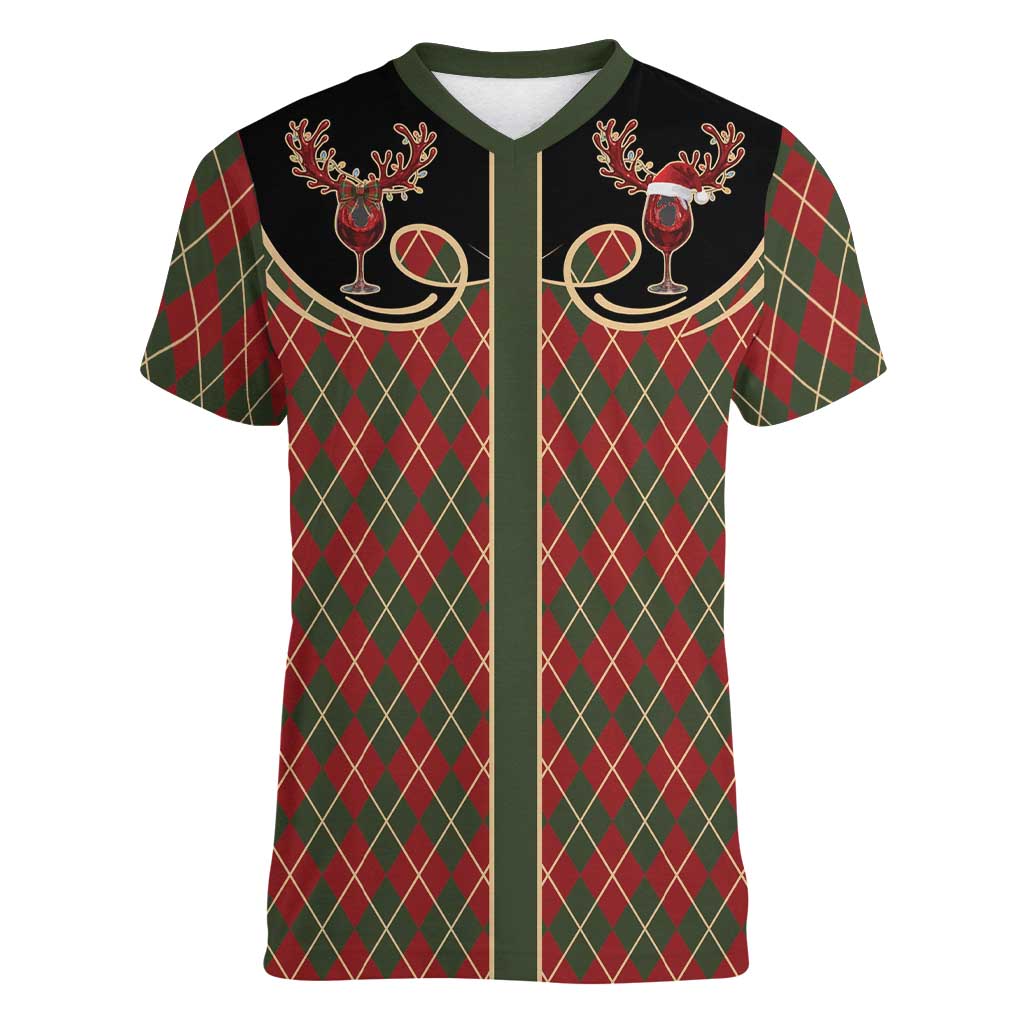 Western Yoke Women V-Neck T-Shirt Wine Deer Christmas Argyle Patterns - Wonder Print Shop