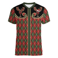 Western Yoke Women V-Neck T-Shirt Wine Deer Christmas Argyle Patterns - Wonder Print Shop