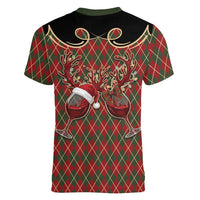 Western Yoke Women V-Neck T-Shirt Wine Deer Christmas Argyle Patterns - Wonder Print Shop