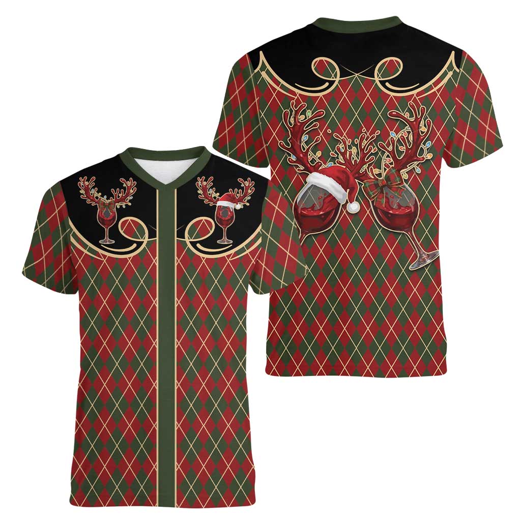 Western Yoke Women V-Neck T-Shirt Wine Deer Christmas Argyle Patterns - Wonder Print Shop