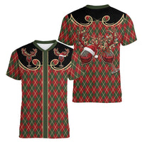 Western Yoke Women V-Neck T-Shirt Wine Deer Christmas Argyle Patterns - Wonder Print Shop