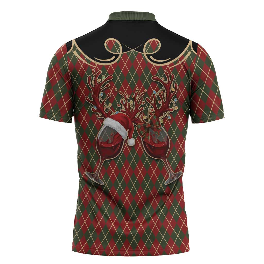 Western Yoke Zipper Polo Shirt Wine Deer Christmas Argyle Patterns - Wonder Print Shop