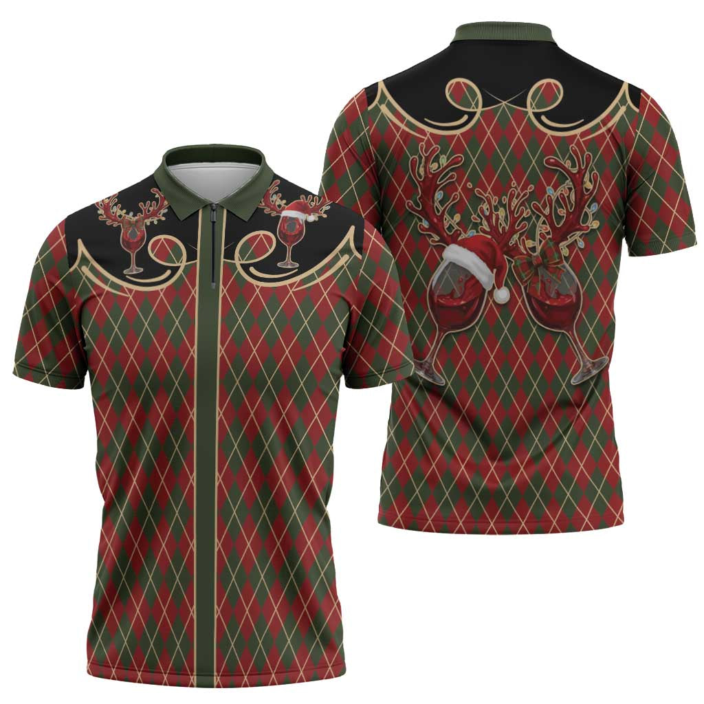 Western Yoke Zipper Polo Shirt Wine Deer Christmas Argyle Patterns - Wonder Print Shop