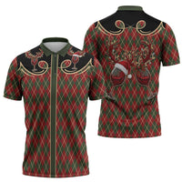 Western Yoke Zipper Polo Shirt Wine Deer Christmas Argyle Patterns - Wonder Print Shop