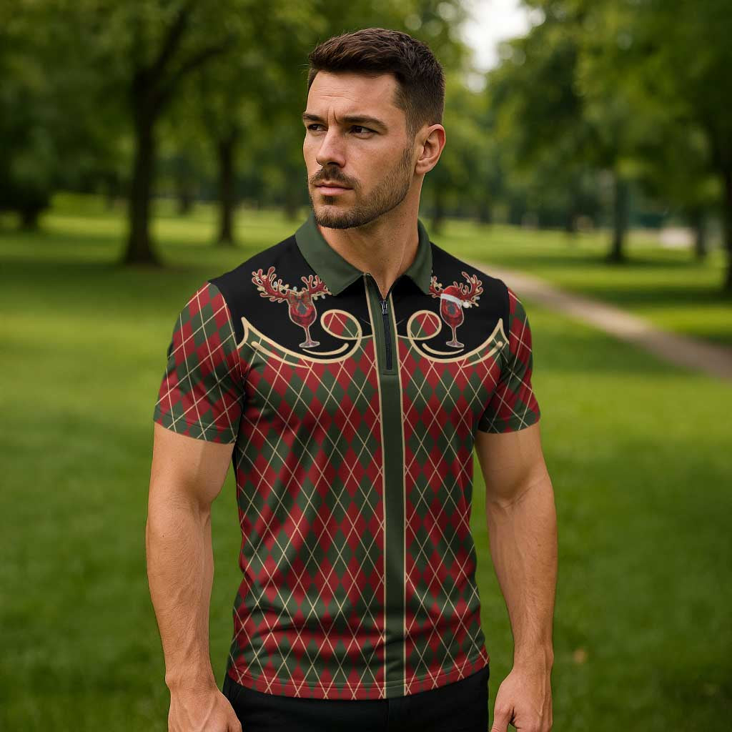 Western Yoke Zipper Polo Shirt Wine Deer Christmas Argyle Patterns - Wonder Print Shop