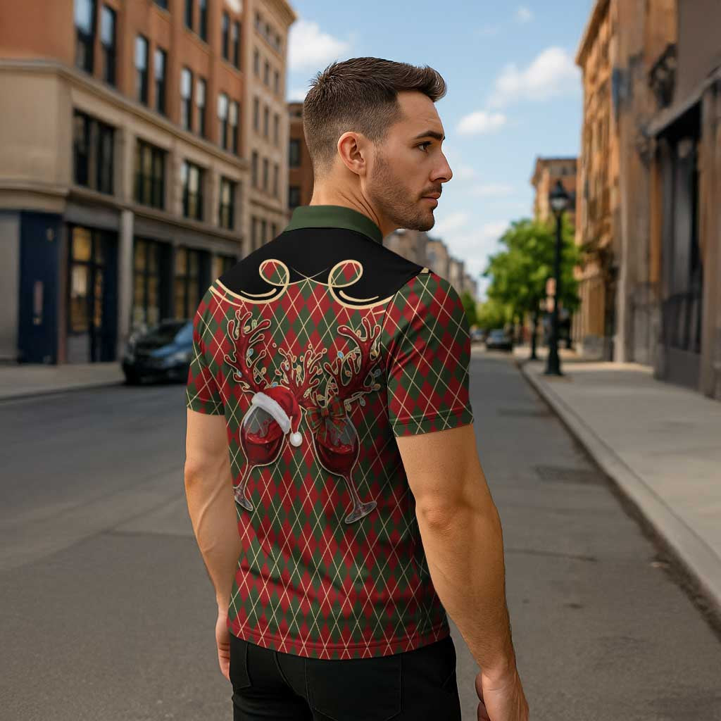 Western Yoke Zipper Polo Shirt Wine Deer Christmas Argyle Patterns - Wonder Print Shop