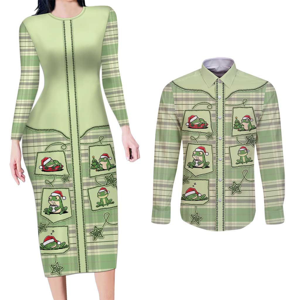 Western Yoke Couples Matching Long Sleeve Bodycon Dress and Long Sleeve Button Shirt Frog Christmas Cute Style - Wonder Print Shop