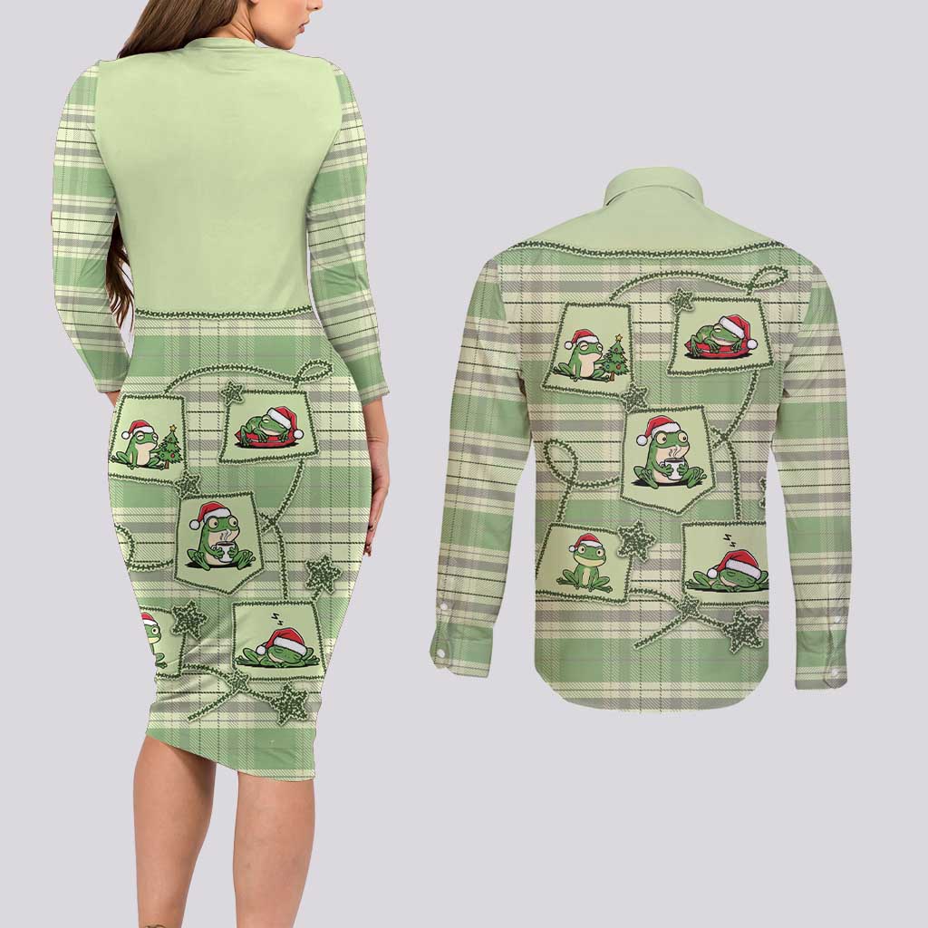 Western Yoke Couples Matching Long Sleeve Bodycon Dress and Long Sleeve Button Shirt Frog Christmas Cute Style - Wonder Print Shop