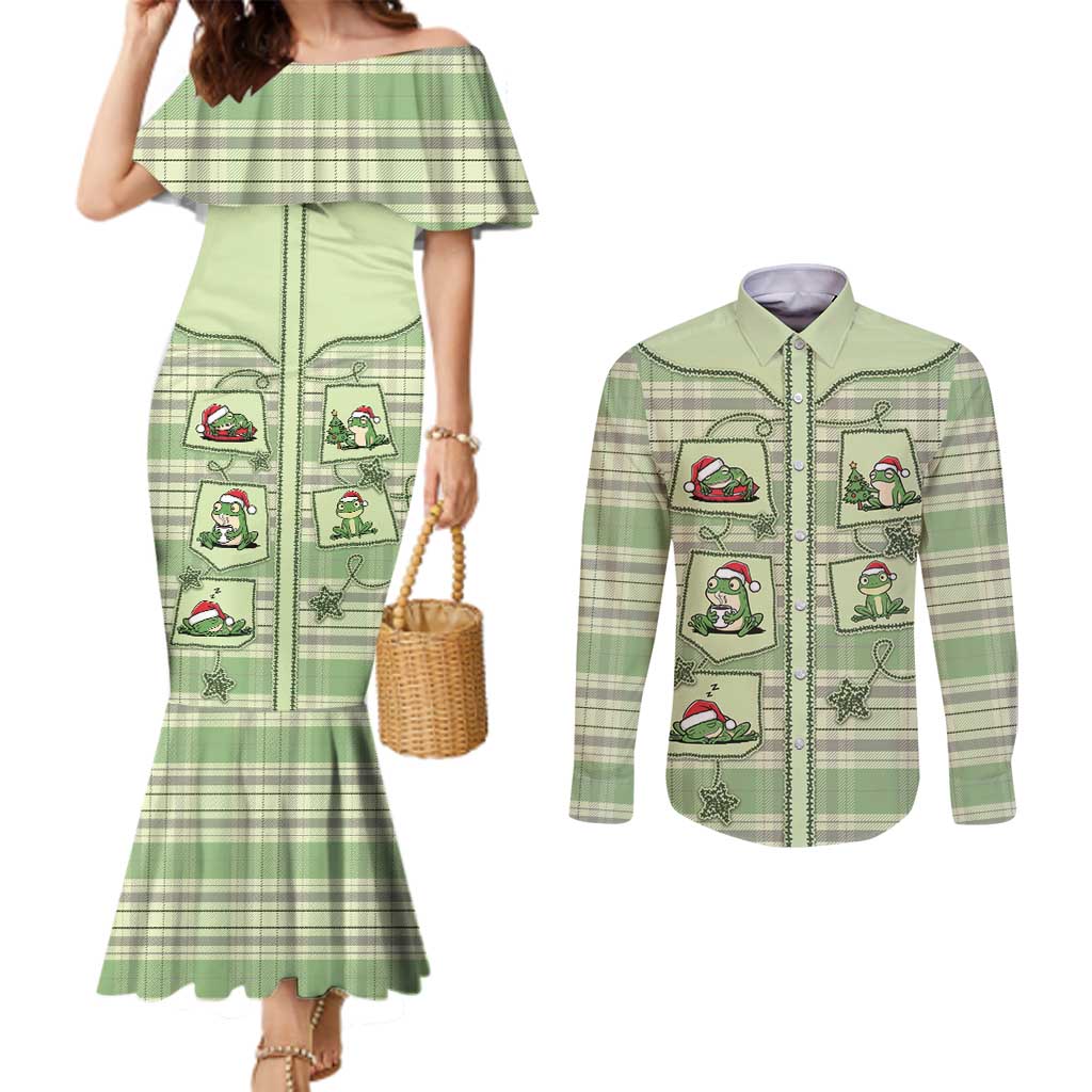 Western Yoke Couples Matching Mermaid Dress and Long Sleeve Button Shirt Frog Christmas Cute Style - Wonder Print Shop