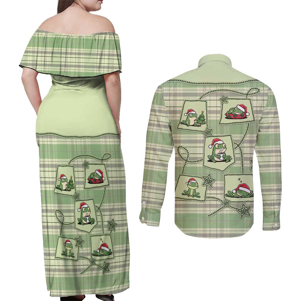 Western Yoke Couples Matching Off Shoulder Maxi Dress and Long Sleeve Button Shirt Frog Christmas Cute Style - Wonder Print Shop