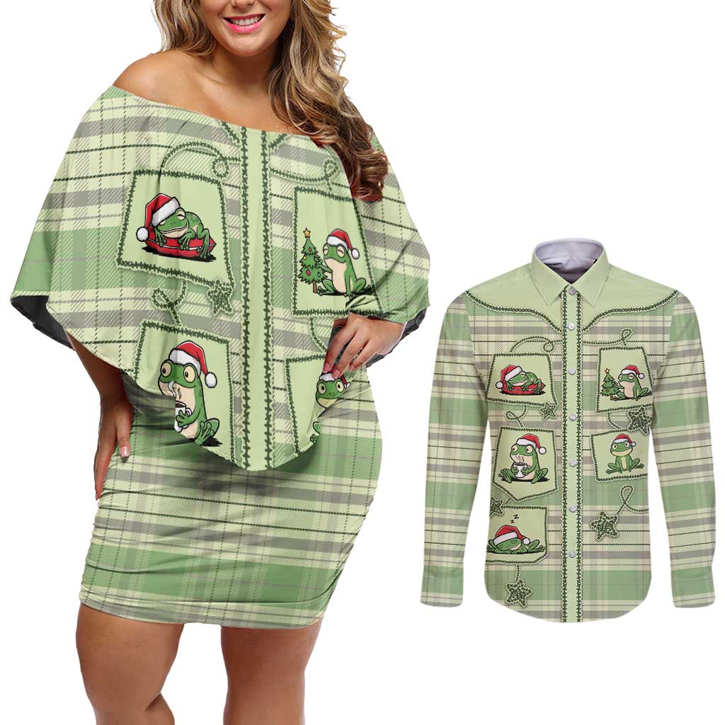 Western Yoke Couples Matching Off Shoulder Short Dress and Long Sleeve Button Shirt Frog Christmas Cute Style - Wonder Print Shop