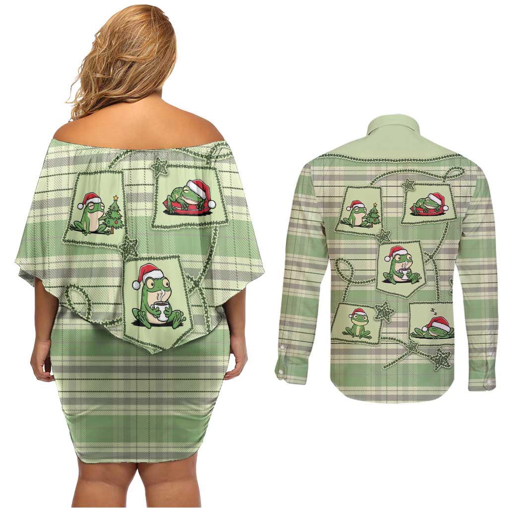 Western Yoke Couples Matching Off Shoulder Short Dress and Long Sleeve Button Shirt Frog Christmas Cute Style - Wonder Print Shop