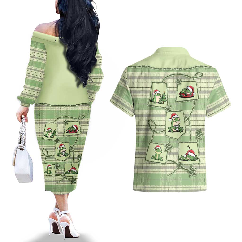 Western Yoke Couples Matching Off The Shoulder Long Sleeve Dress and Hawaiian Shirt Frog Christmas Cute Style - Wonder Print Shop