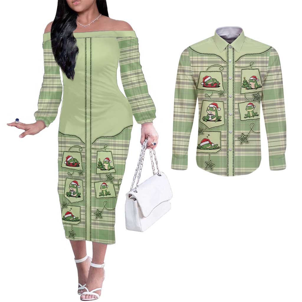 Western Yoke Couples Matching Off The Shoulder Long Sleeve Dress and Long Sleeve Button Shirt Frog Christmas Cute Style - Wonder Print Shop