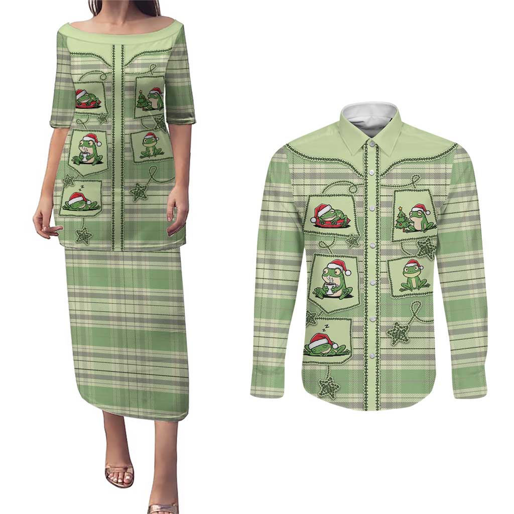 Western Yoke Couples Matching Puletasi and Long Sleeve Button Shirt Frog Christmas Cute Style - Wonder Print Shop