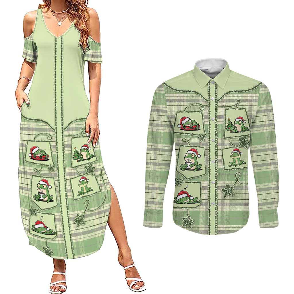 Western Yoke Couples Matching Summer Maxi Dress and Long Sleeve Button Shirt Frog Christmas Cute Style - Wonder Print Shop