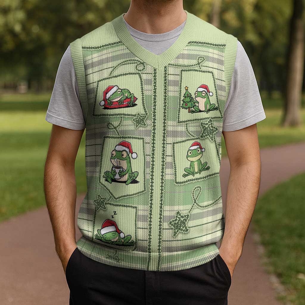 Western Yoke Christmas Knitted V-Neck Vest Frog Christmas Cute Style - Wonder Print Shop