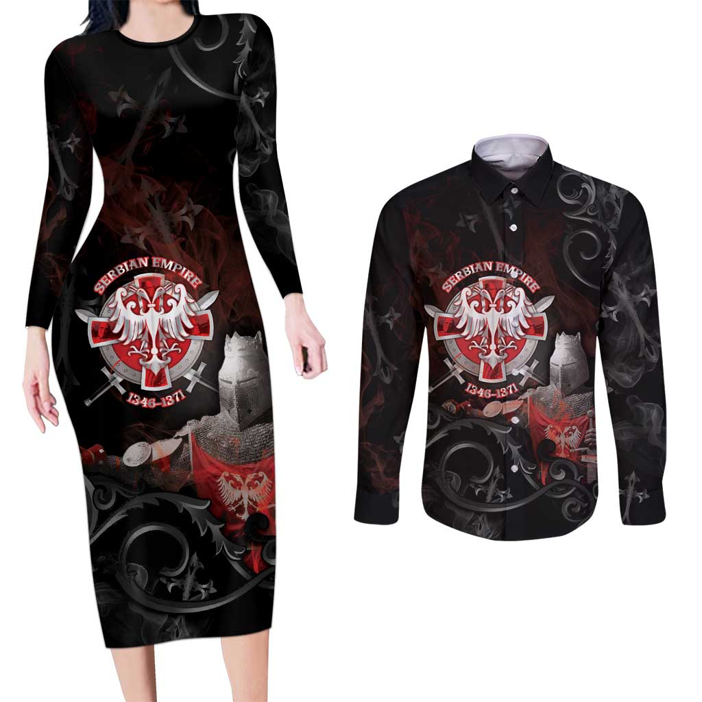 Serbian Empire Couples Matching Long Sleeve Bodycon Dress and Long Sleeve Button Shirt Knight With Emblem Double Eagle - Wonder Print Shop