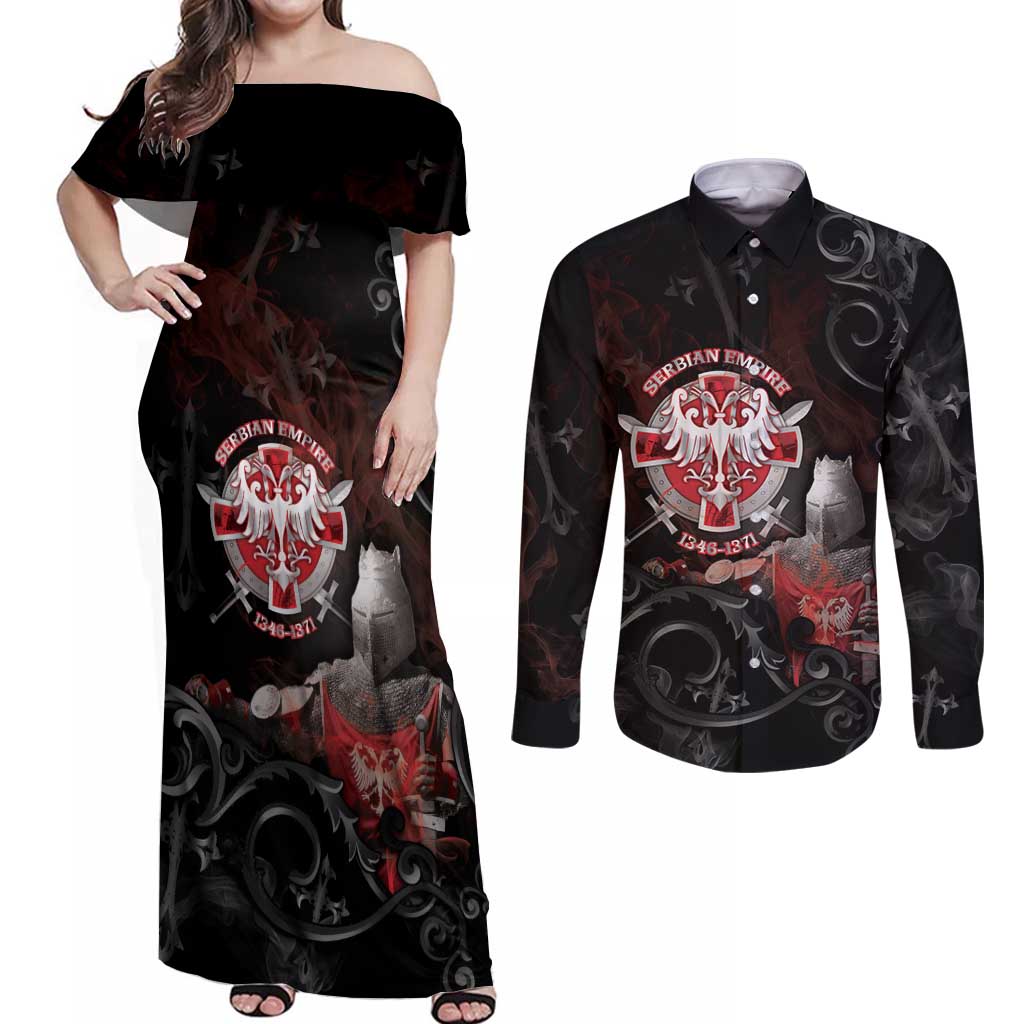 Serbian Empire Couples Matching Off Shoulder Maxi Dress and Long Sleeve Button Shirt Knight With Emblem Double Eagle - Wonder Print Shop