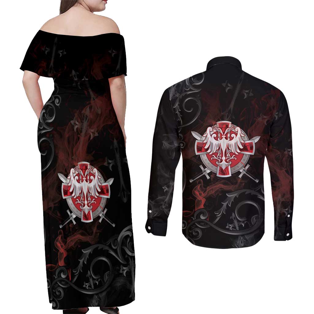 Serbian Empire Couples Matching Off Shoulder Maxi Dress and Long Sleeve Button Shirt Knight With Emblem Double Eagle - Wonder Print Shop