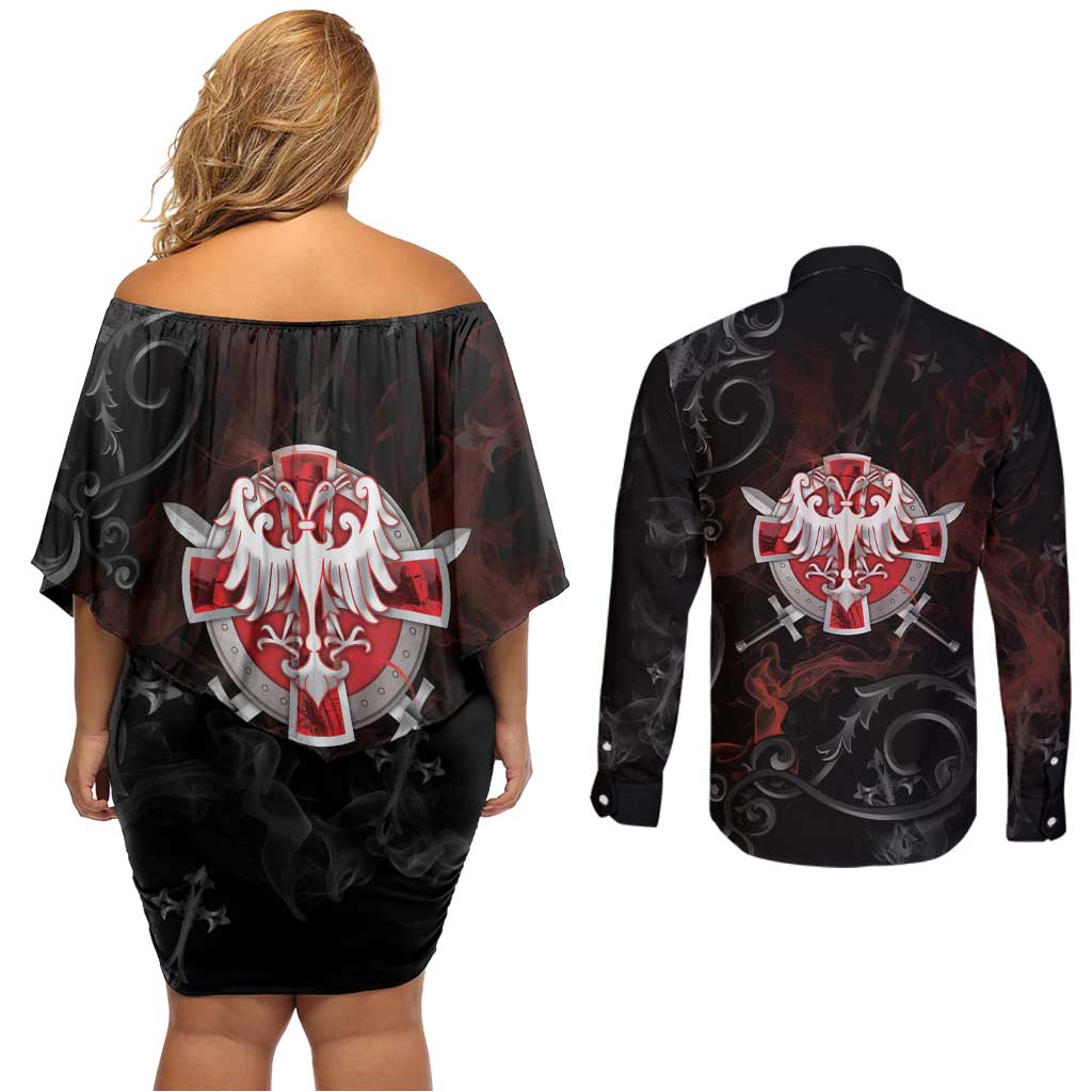 Serbian Empire Couples Matching Off Shoulder Short Dress and Long Sleeve Button Shirt Knight With Emblem Double Eagle - Wonder Print Shop