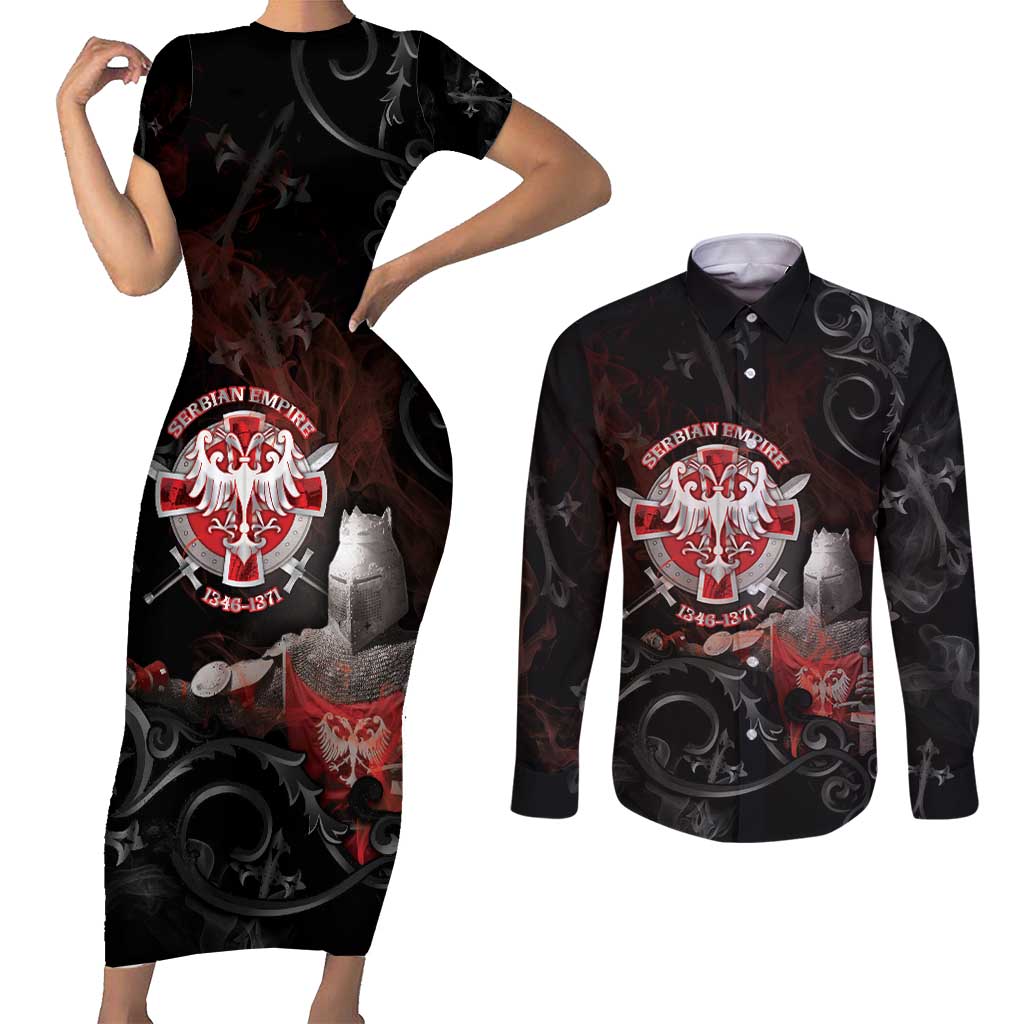 Serbian Empire Couples Matching Short Sleeve Bodycon Dress and Long Sleeve Button Shirt Knight With Emblem Double Eagle - Wonder Print Shop