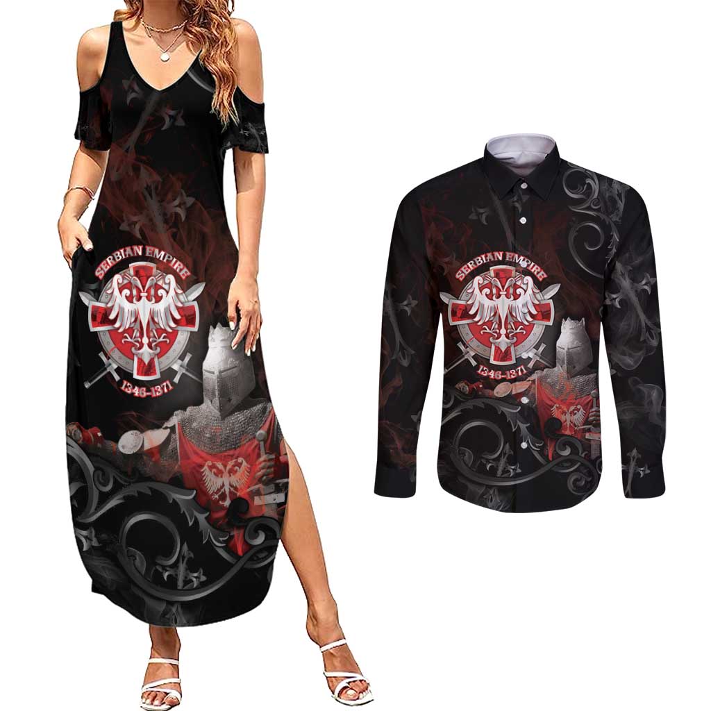 Serbian Empire Couples Matching Summer Maxi Dress and Long Sleeve Button Shirt Knight With Emblem Double Eagle - Wonder Print Shop