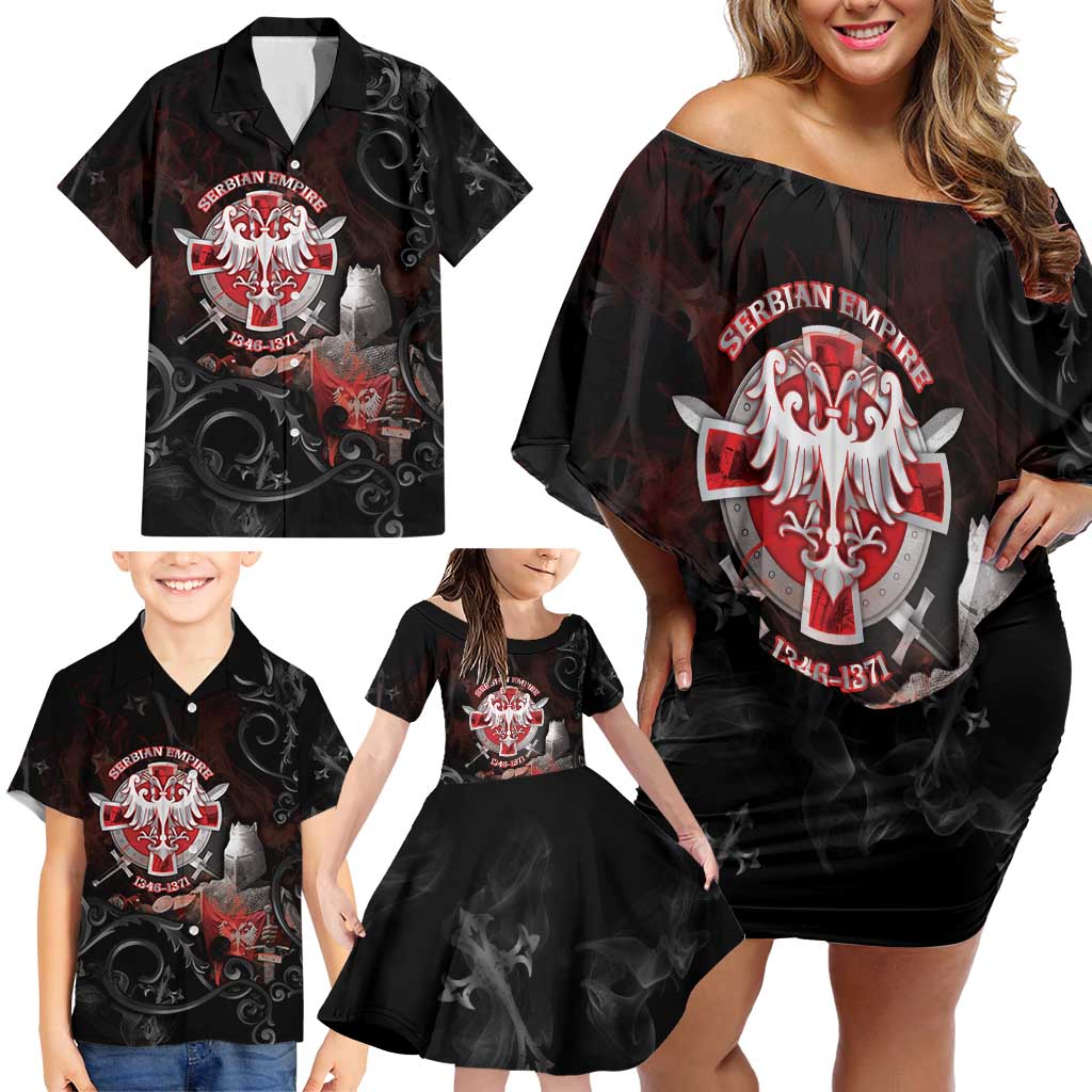 Serbian Empire Family Matching Off Shoulder Short Dress and Hawaiian Shirt Knight With Emblem Double Eagle - Wonder Print Shop