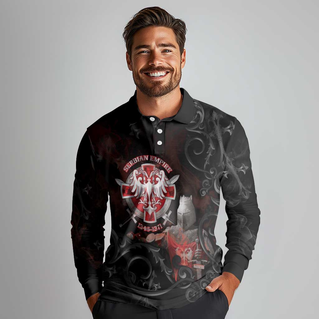 Serbian Empire Long Sleeve Polo Shirt Knight With Emblem Double Eagle - Wonder Print Shop